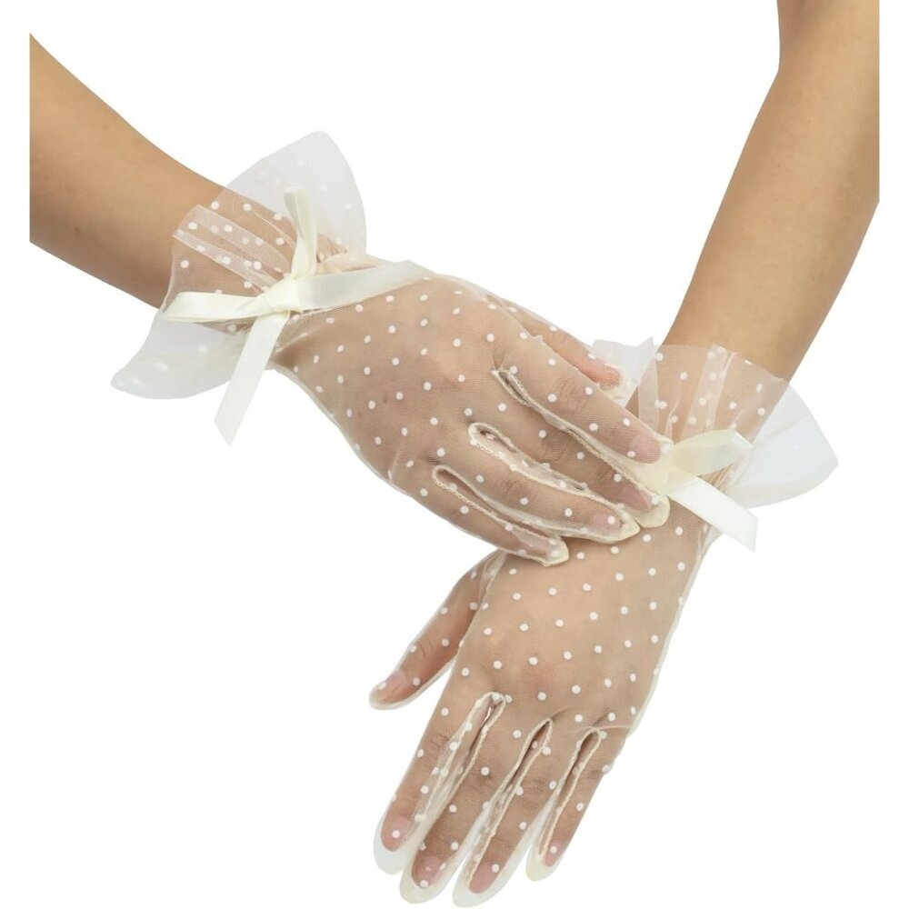 Women's Evening Beige Bow Short Lace Gloves Ruffles Wedding Party Accessories